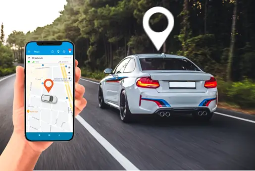 Smartphone con app de rastreo premium realizando seguimiento en tiempo real de un vehículo en La Molina - Lima - Perú